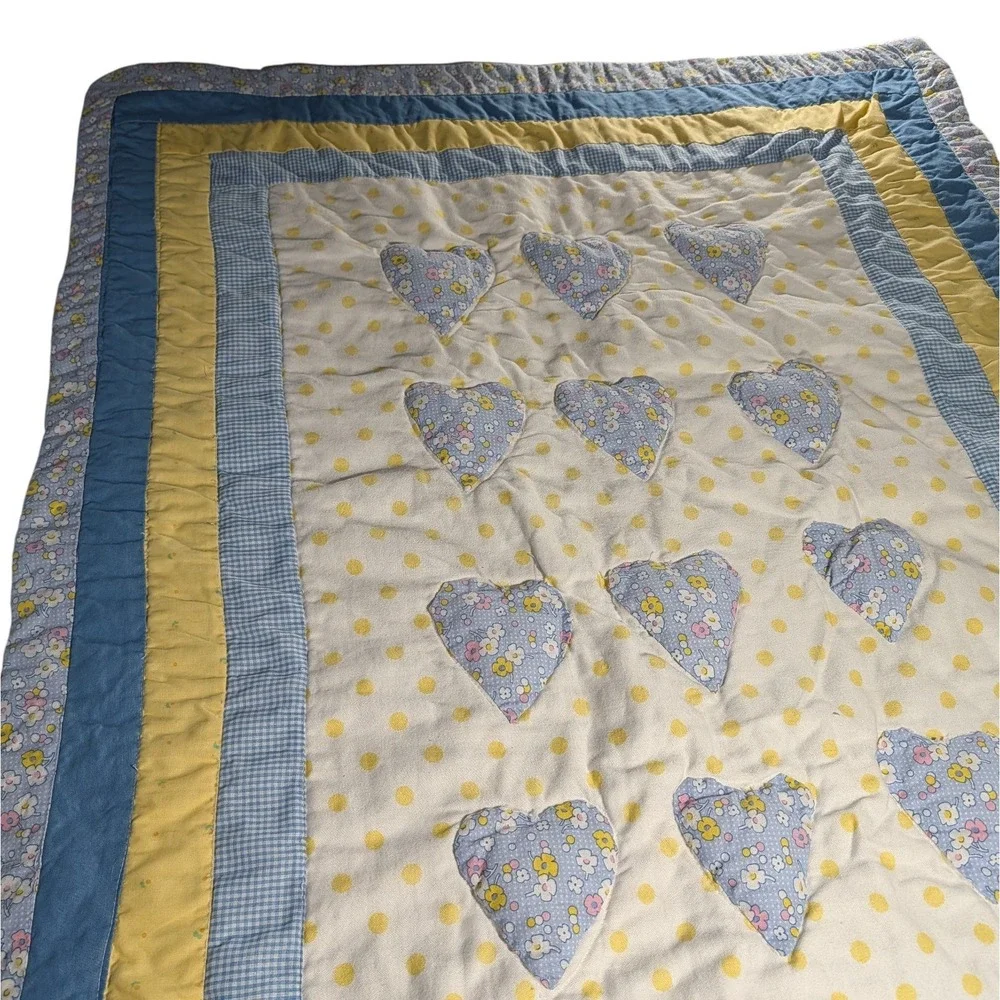 Handmade Baby Quilt Yellow Pink Blue Gingham Backing Raised Stuff Hearts Nursery